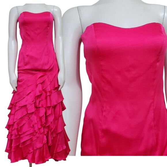 Stephen Yearick Strapless Gown HOT Pink Silk XS 2-4 Tiered Layered Skirt w/Tulle - Picture 1 of 16